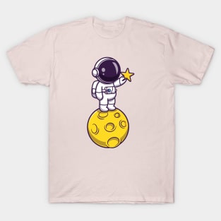 Astronaut Holding Star On Moon Cartoon T-Shirt